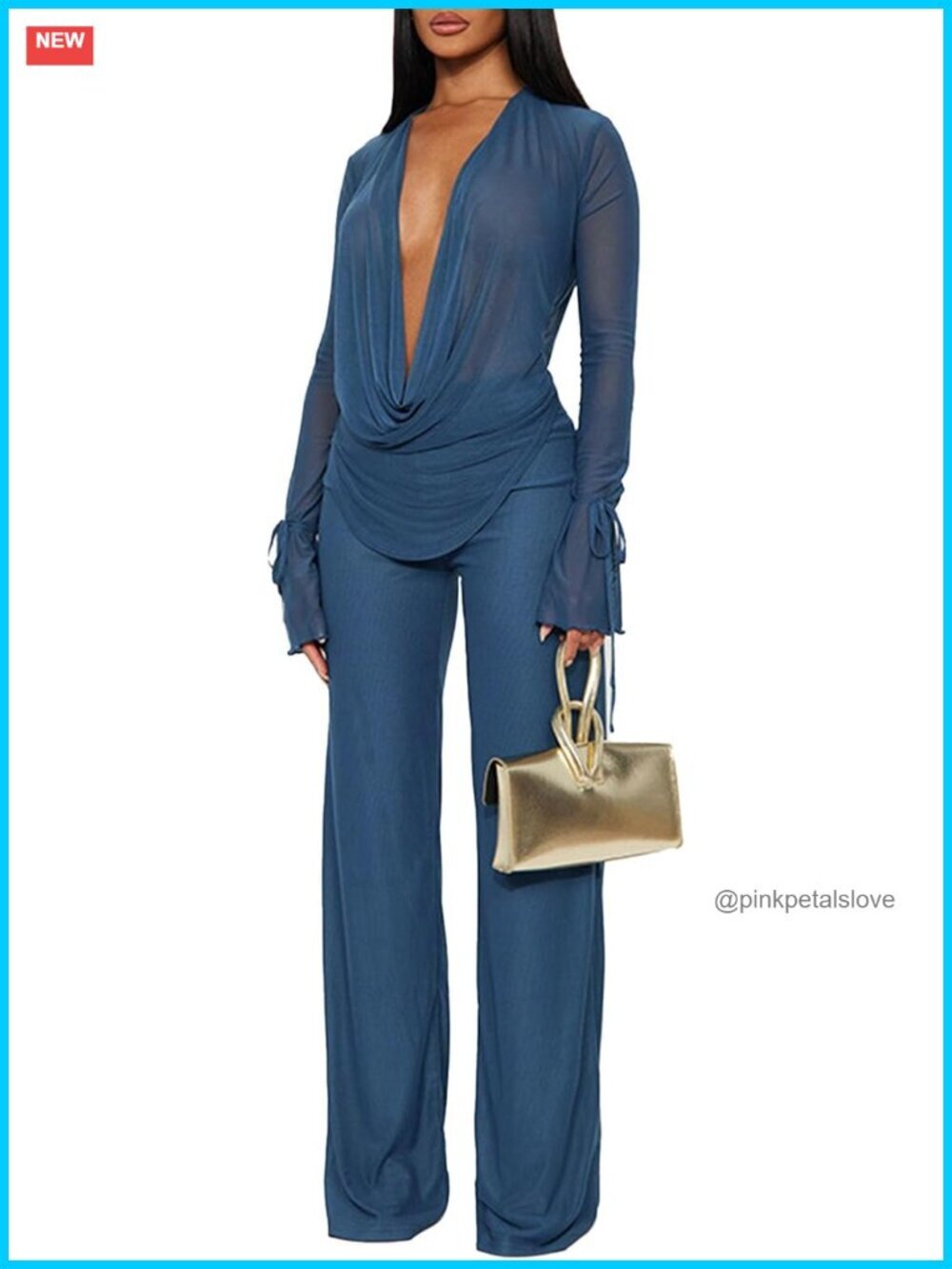 Mesh See Through Deep V Neck Top and Long Pants Set Going Out Club Outfit